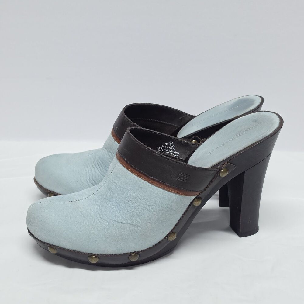 Tommy Hilfiger Y2K 90s Studded Clogs Heeled Mules Light Blue Leather 7 Vintage